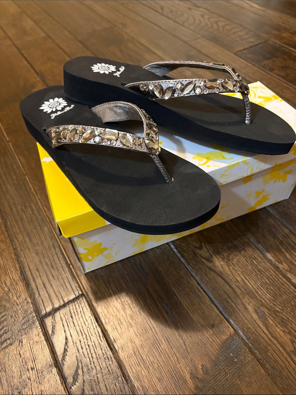 Yellow Box Black and White Jeweled Slip-On Flats Glam flip flops